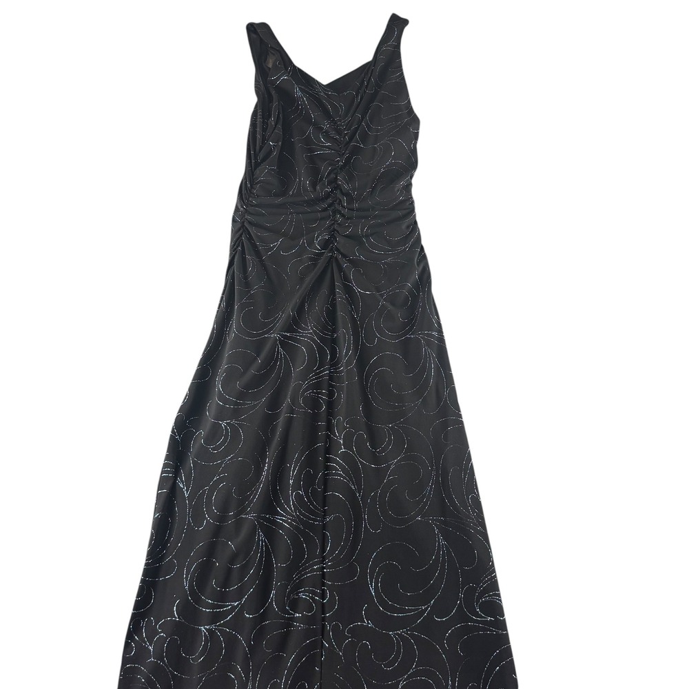 AGB Byer California Black Silver Glitter Swirl‎ Ruched Maxi Dress Size 12 V-Neck - Picture 6 of 6